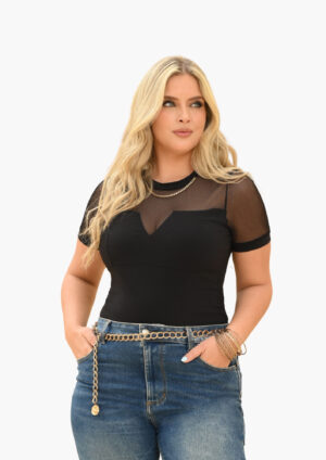 Blusa negra elegante manga corta cuello redondo con transparencia REF 11018