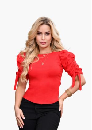 Blusa roja cuello redondo con mangas bombachas  REF 4503