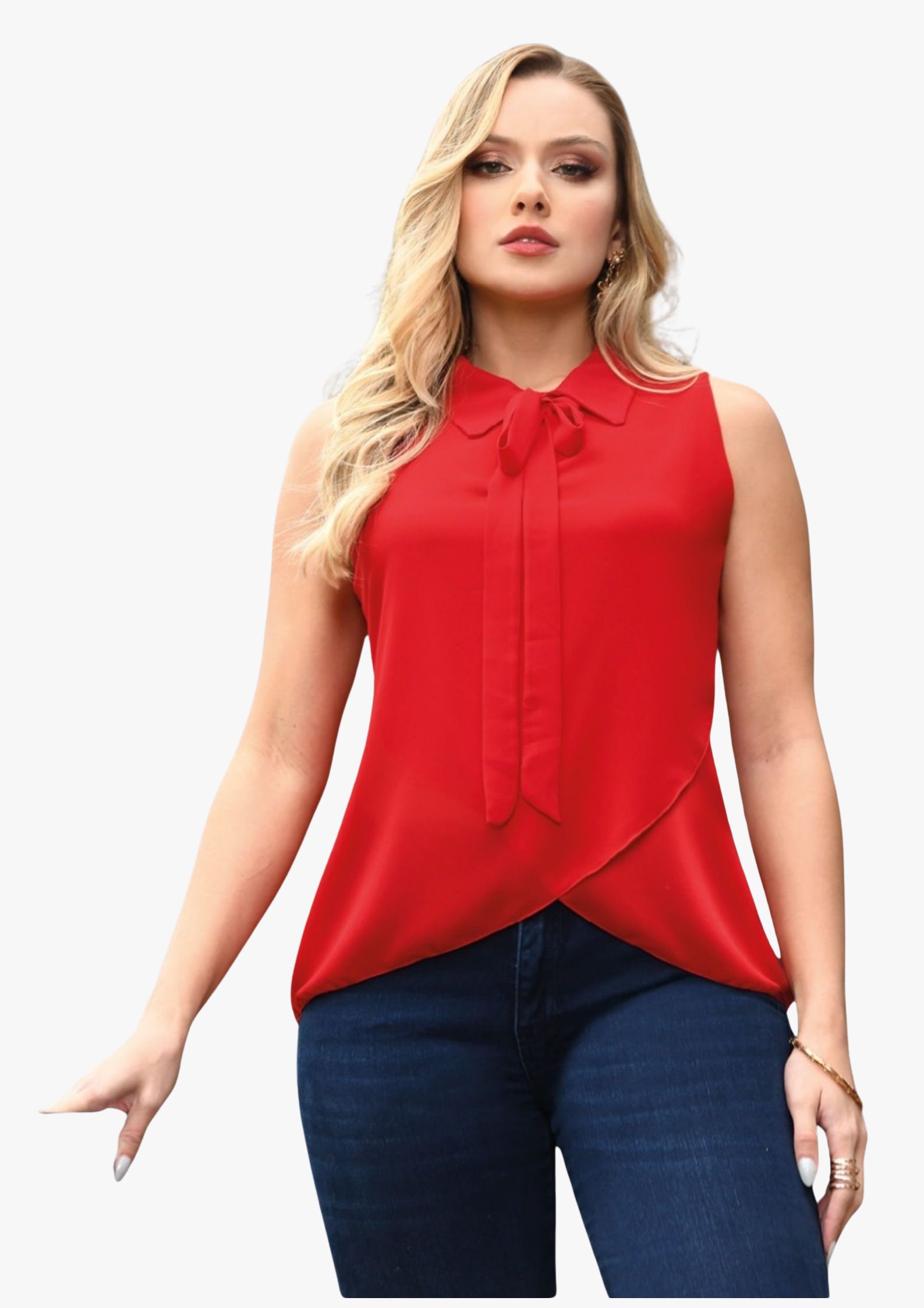Blusa con cuello y corbata sin mangas ,REF 4474