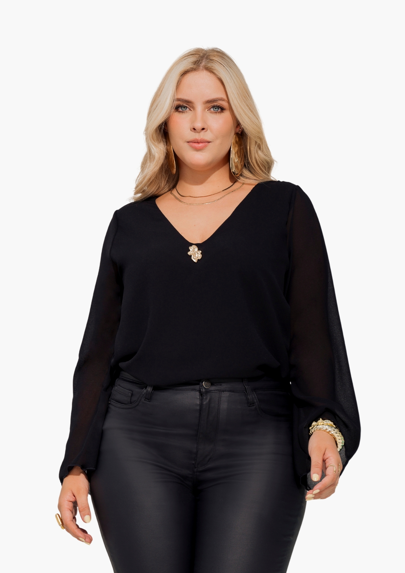 Blusa manga larga elegante , semitransparente con herraje dorado REF 11053
