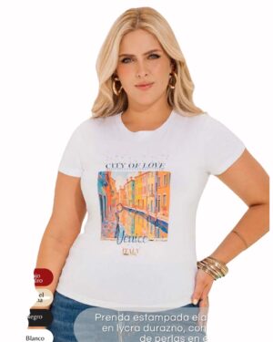 Blusa básica lycrada  cuello redondo con estampado REF 11049